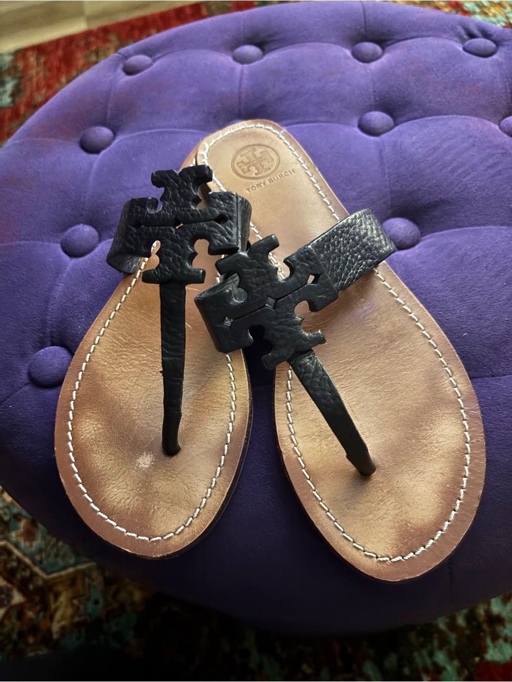 Tory Burch Black Leather Logo Thong Sandals with Brown Footbed